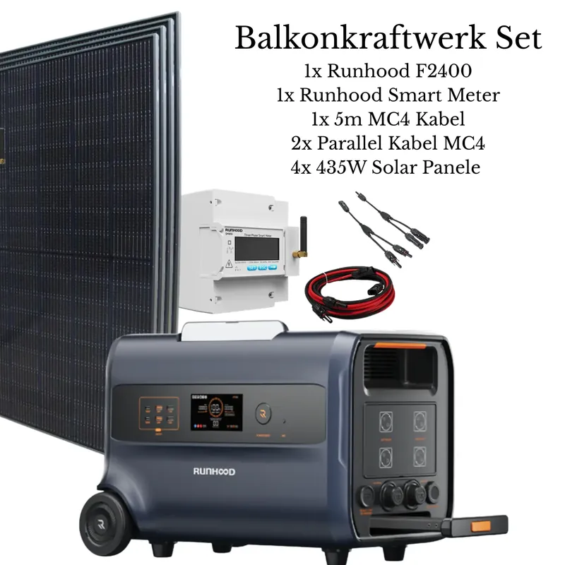 Sofort Bestellen RUNHOOD Balkonkraftwerk Frühlingsbundle – Balkonkraftwerk mit F2400 Powerstation, Smart Meter 4 Solarpanels