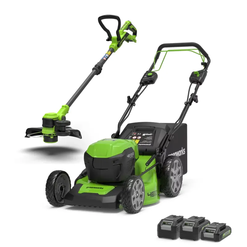 Top-Seller POWERALL 48V (24V x 2) Rasenmäher 46cm mit Radantrieb + Rasentrimmer 30cm Set