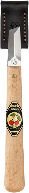 Kirschen Kerbschnitzmesser mit Leder-Schneidenschutz, dreischneidige Schneide Finale Aktion