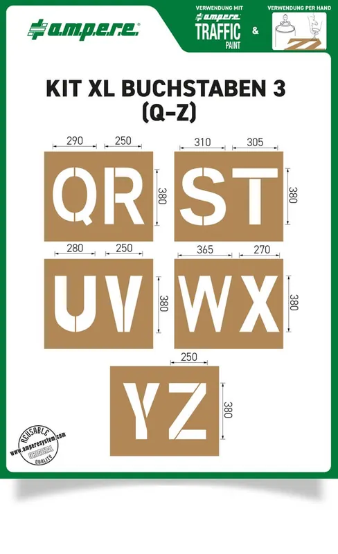 a.m.p.e.r.e. Schablonensatz KIT XL Buchstaben Q-Z, 5 Schablonen Geprüft