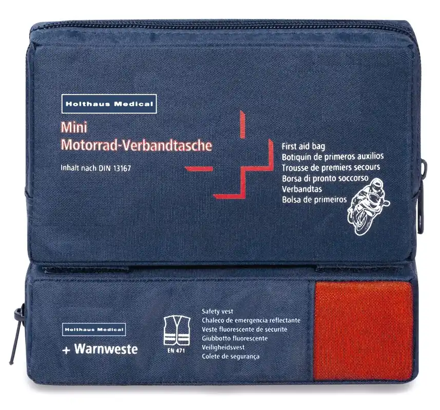 Highlight Holthaus Medical Mini Motorrad Verbandtasche Inhalt nach DIN 13 167 + Warnweste