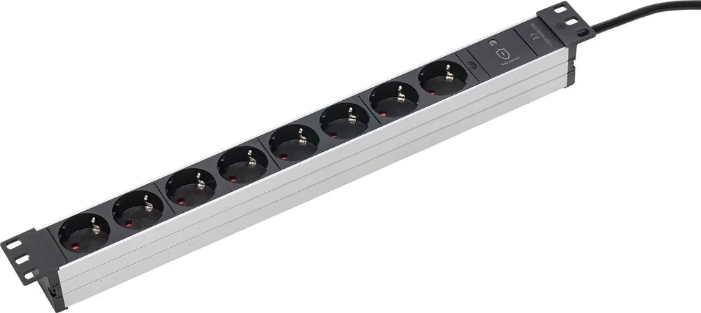 Top-Preis as-Schwabe Alu-Steckdosenleiste 8-fach, RACK 2 m H05VV-F 3G1,5, schwarz/silber mit ÜS