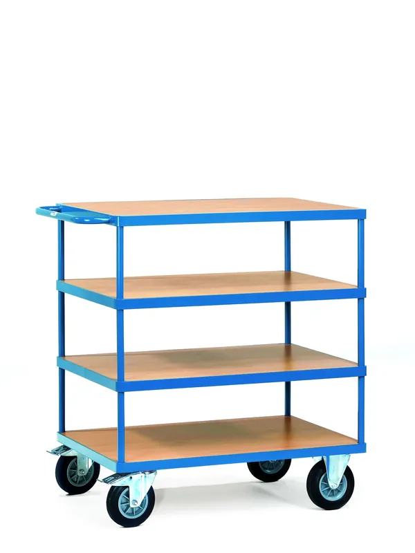 Bestpreis Fetra Tischwagen, 4 Böden, waagerechter Schiebegriff Größe: 1200 x 800 mm